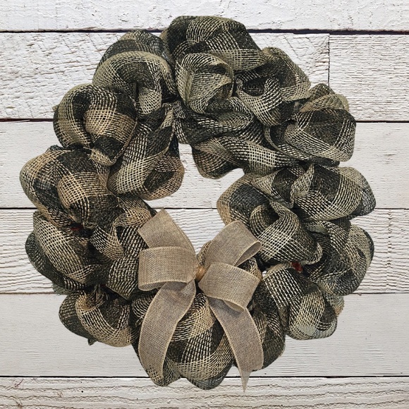 Handmade Other - Rustic Neutral Farmhouse Wreath — Black & Tan Buffalo Check Front Door Decor